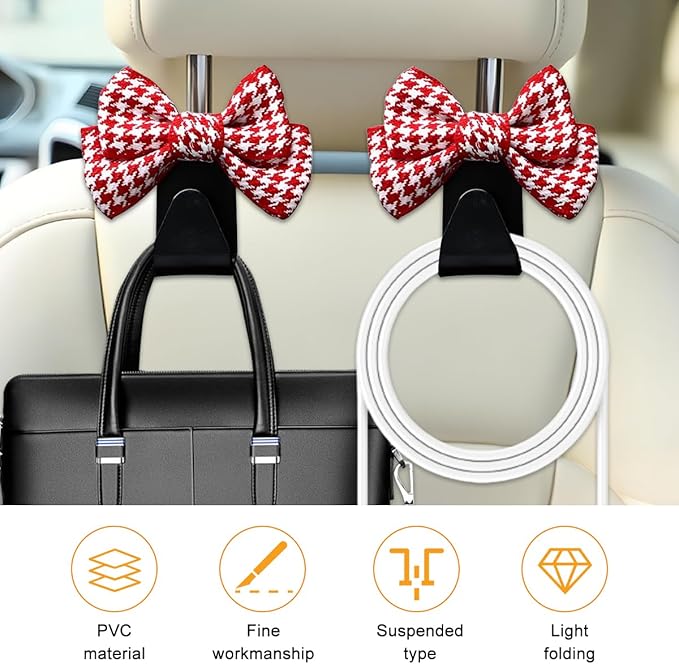Cute Bow Car Seat Headrest Hooks, 2PCS Multifunctional Vehicle Rear Seat Hanging Hooks, Automotive Interior Seatback Storage Organizer for Purses Bags, Universal for SUV Sedan Truck (Red/Small)