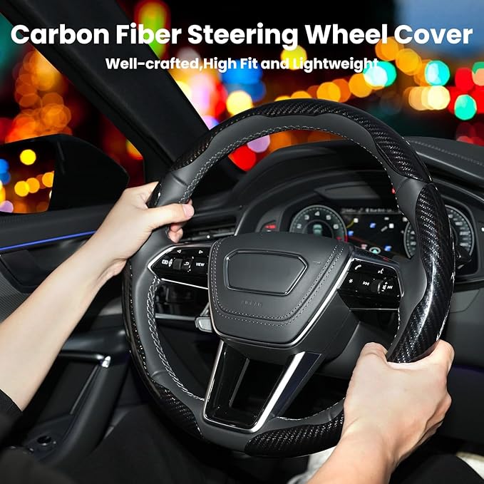 Hiseanllo Carbon Fiber Steering Wheel Cover 3PCS Set – Anti-Slip, Scratch-Resistant, Universal Fit for 14–16 Inch Wheels – Interior Car Accessories for Cars, SUVs, Trucks (Black)
