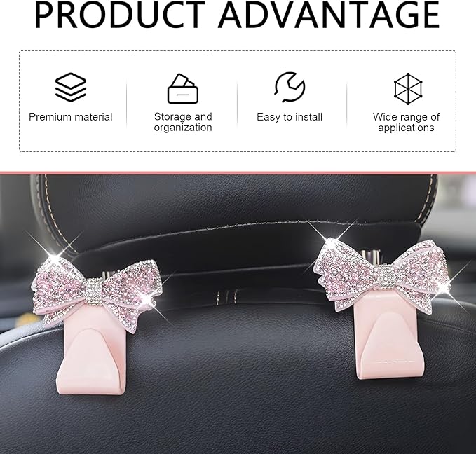 2 PCS Bling Bow Car Seat Headrest Hooks, S Type Crystal Seat Back Hangers, Universal Vehicle Storage Organizer for Handbag, Purse, Coat, Grocery Bags (Pink)