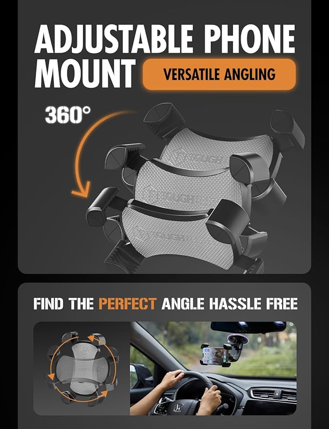 ToughTested Mammoth Truck Windshield Phone Mount, Vibration Absorbing Car Phone holder with One-hand Quick Release, Double-ribbed Gooseneck, Expandable Claw Grip, 360 rotation, Extra Large Suction Cup