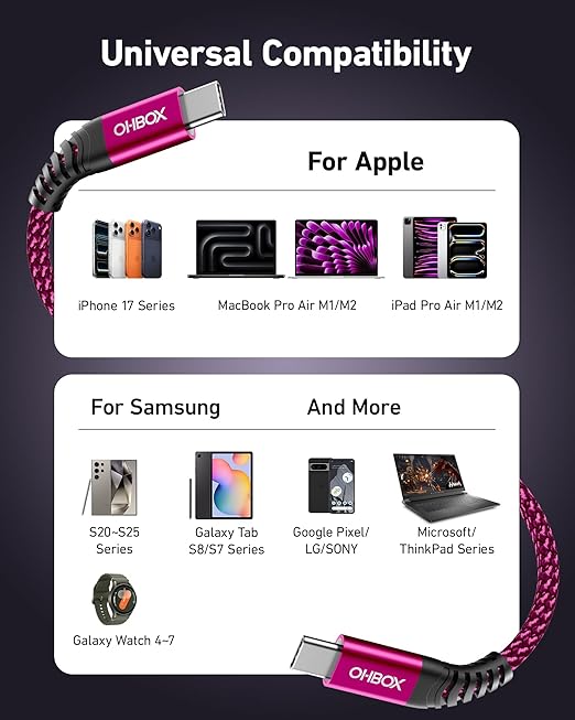 USB C to USB C Cable 60W [2Pack 3FT], USB C Fast Charging Cable for Car Durable Braided iPhone USB Type C Cable USBC to USBC Cord for iPhone 17/16/15/Pro Max/Plus, Samsung Galaxy S23 and More-Rose Red