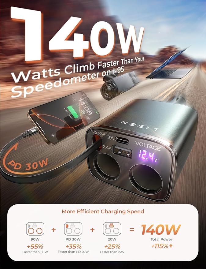 LISEN Car Cigarette Lighter Splitter, Metal 90W Dual Cigarette Lighter Adapter Metal with PD30W Retractable Car Charger, LED Voltage12V/24V Car Charger Splitter for iPhone 16, GPS, DashCam
