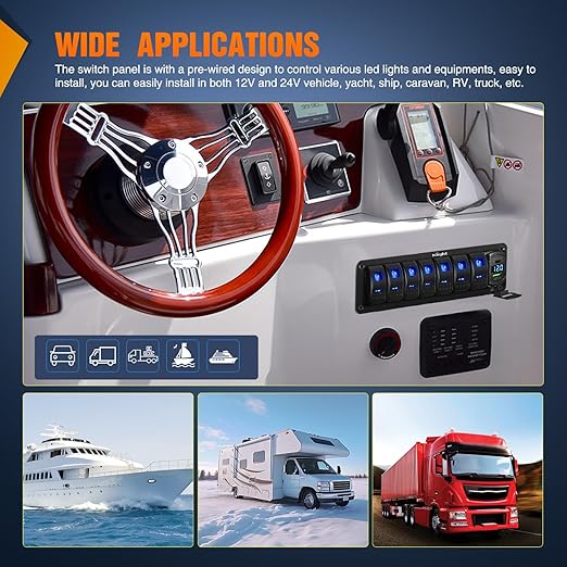 Nilight 7 Gang Rocker Switch Panel with PD Type C and USB Charger Voltmeter 12V SPST ON Off Toggle Switches with Blue Backlit Waterproof Aluminum for Boats Cars RVs Trucks