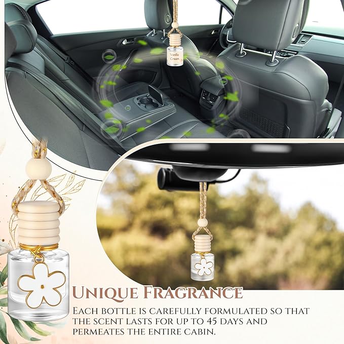 Siifert 2 Sets Hanging Car Air Freshener and Essential Oil Diffuser, Car Air Freshener Daisy Essential Oil Diffuser Long Lasting Automobile Aromatherapy(White,Vanilla Cream)