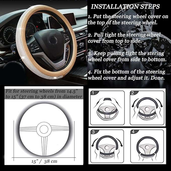 New Diamond Leather Steering Wheel Cover with Bling Bling Crystal Rhinestones, Universal Fit 15 Inch Car Wheel Protector for Women Girls,Gold