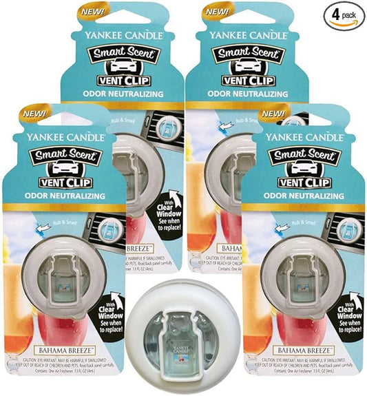 Yankee Candle Smart Scent Vent Clip, Bahama Breeze Tropical Fruit, Car Air Freshener Odor Neutralizer for Automotive Vents with Adjustable Fragrance Strength, 1 Count (Pack of 4)