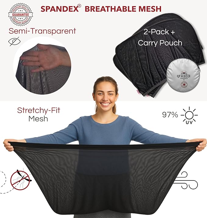 XL/Car Side Window Shades for Baby (9 Sizes/2 Pack). Full-Coverage No-Gaps Stretchy Mesh, Real Block of 96.25% UVA. Sun, Heat & Privacy Protection. Camping Bug Screen. Roll Down Windows | Qualizzi®
