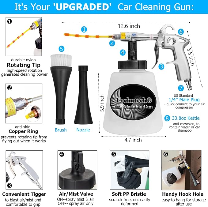 Car Detailing Kit Car Interior Cleaner Turbo Car Cleaning Gun Pro & at Home Interior Car Cleaning Supplies Kit for Upholstery Carpet Seat Headliner, Pressure Sprayer, Air Compressor Needed