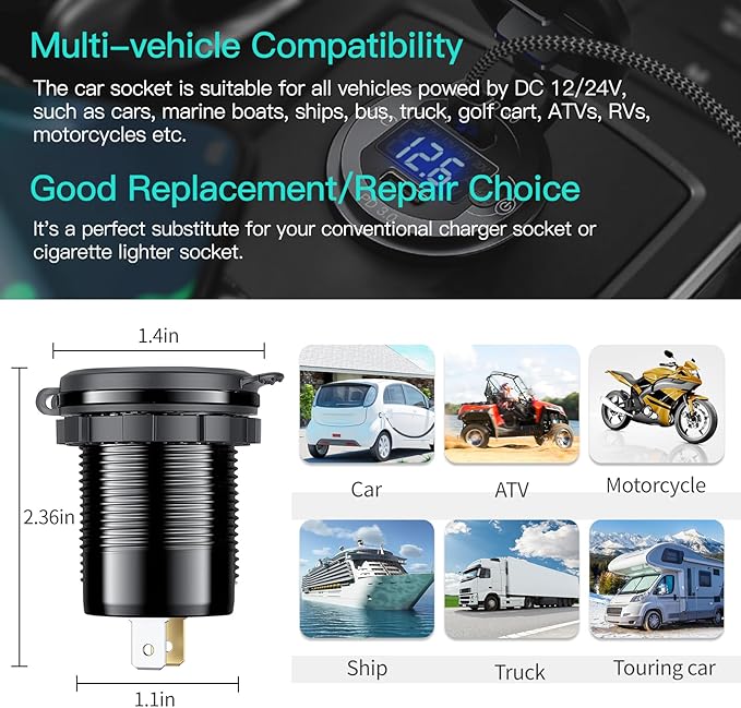 3 Port 12V USB Outlet Aluminum Car Charger, 78W Dual PD30W/QC3.0 Multiple USB Port with Voltmeter and Switch, USB C Cigarette Lighter Replacement 12 Volt Socket Waterproof for Marine Boat Truck RV