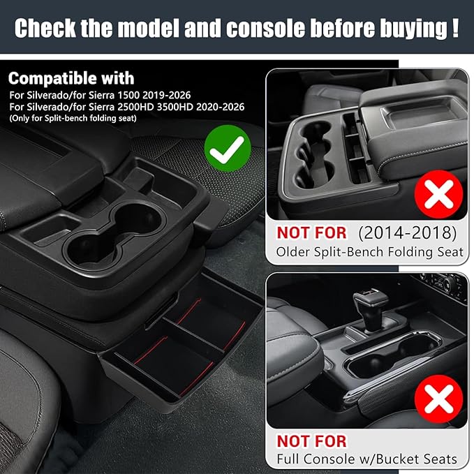 Center Console Hanging Storage Box,Split-bench Folding Seat Armrest Organizer Tray Insert Replace for Silverado/for Sierra 1500 2019-2025 and for Silverado/for Sierra 2500HD 3500HD 2020-2025