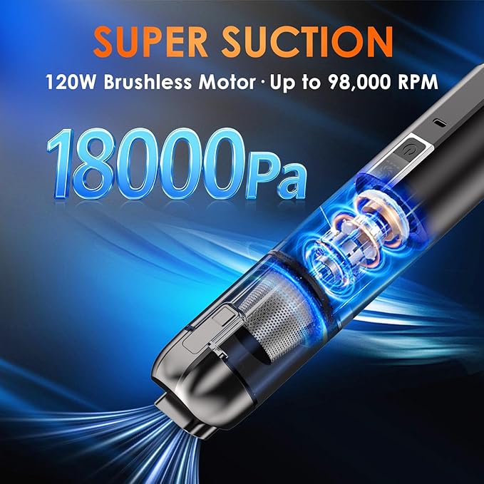 Mini 3-in-1 Car Vacuum Cleaner & Tire Inflator, 18000Pa Brushless Cordless Handheld Vacuum, 150PSI Portable Air Pump for Tires, Compact High Power Car Cleaner with LED Light, Gift