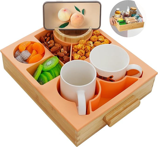 Nnewvante Snack Cup Couch Caddy, 8 in 1 Divided Serving Tray with Handle for Sofa Bed RV Car Organizer Caddy Movie Night Snack Trays, Bamboo and BPA Free Silicone, Peach