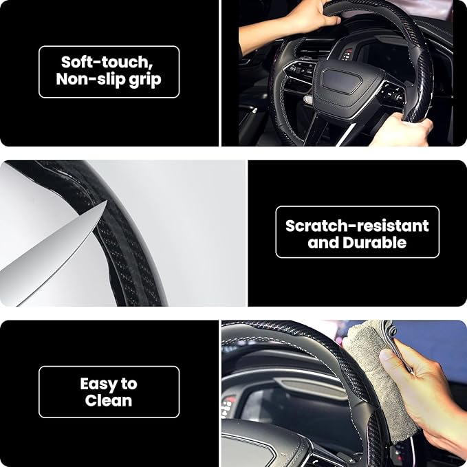 Hiseanllo Carbon Fiber Steering Wheel Cover 3PCS Set – Anti-Slip, Scratch-Resistant, Universal Fit for 14–16 Inch Wheels – Interior Car Accessories for Cars, SUVs, Trucks (Black)