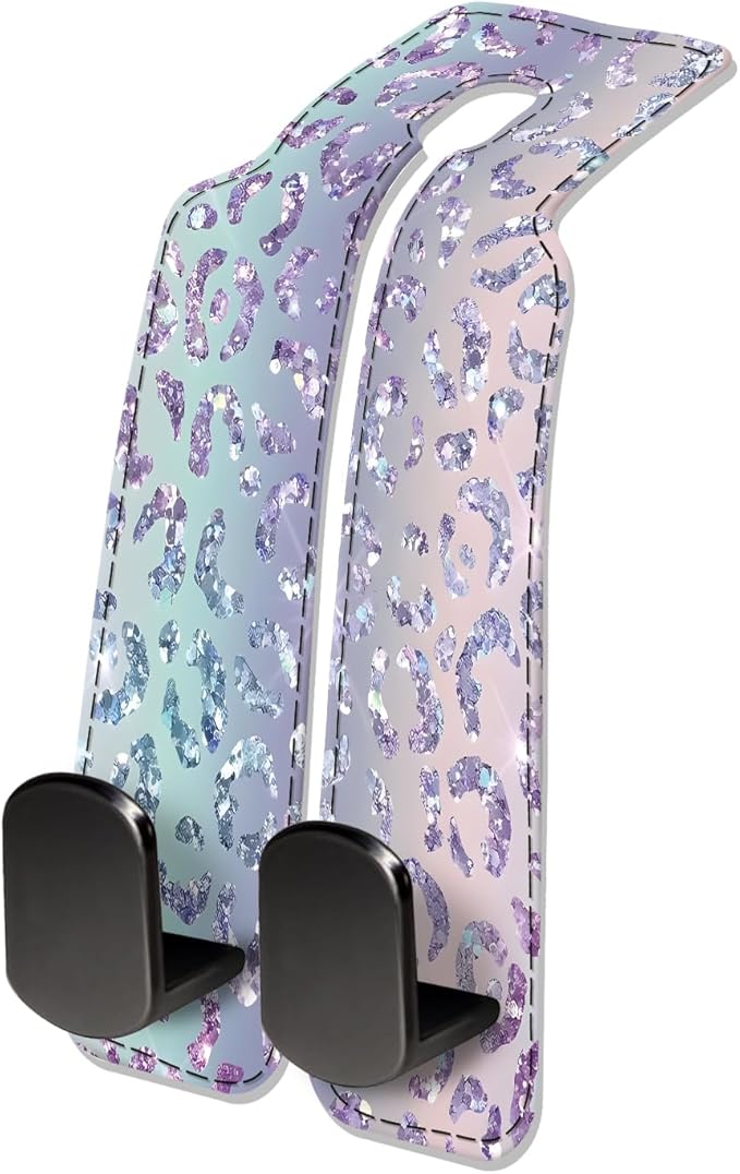 Car Seat Headrest Hook, Universal Leather Cute Hanger Holder Hook, Storage Organizer Interior Accessories for Purse Bags Handbag Glitter Purple Leopard