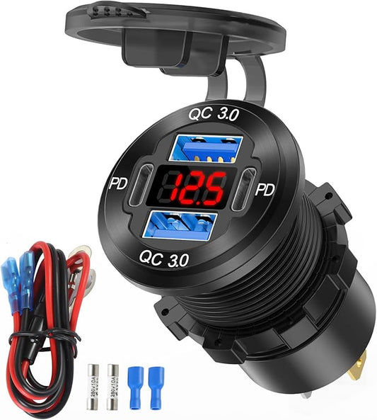 12V USB Outlet 4 Port Car Charger Socket, Dual PD USB C and Dual Quick Charge 3.0 Port Aluminum Charger with Red Voltmeter DIY Kit Waterproof for Car Boat Marine Motorcycle RV ATV Truck Golf Cart, etc
