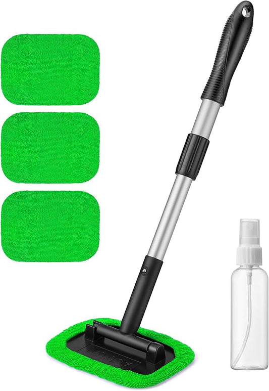 AstroAI Windshield Cleaner Tool, Microfiber Car Window Cleaner with 4 Reusable and Washable Microfiber Pads and Extendable Handle Auto Inside Glass Wiper Kit, Green
