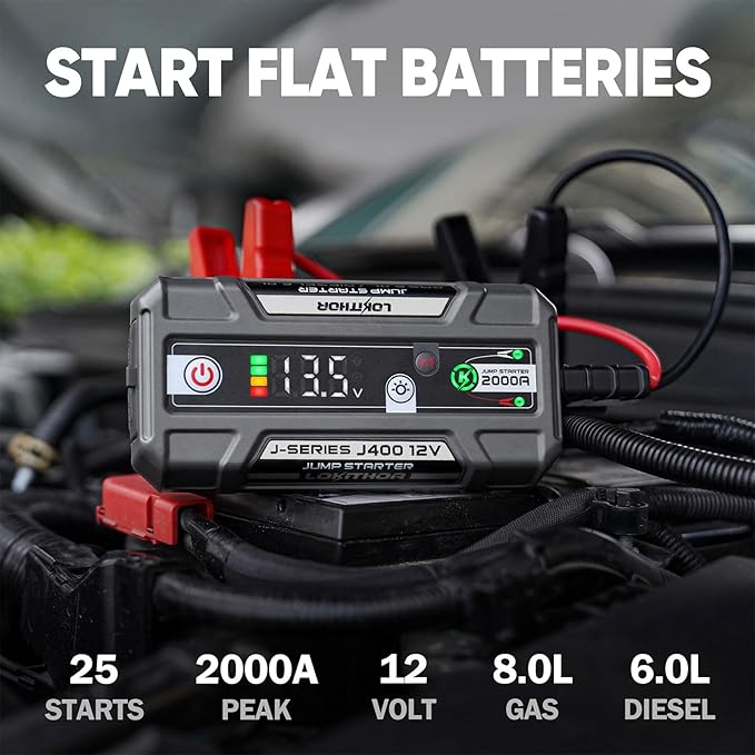 LOKITHOR J400 2000A 12V Portable Lithium Jump Starter, Car Battery Booster Pack, USB-C Powerbank Charger, and Jumper Cables for Upto 8.0-Liter Gas and 6.0-Liter Diesel Engines