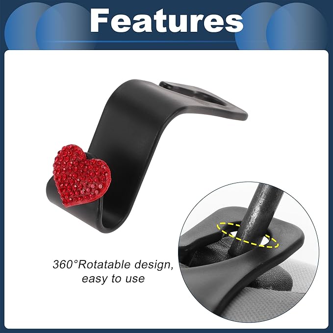Car Seat Headrest Hook Interior Accessories for Most Car, SUV, Truck Car Seat Back Organizer Hooks Plastic Rhinestone Sturdy Red 2.4"x1.26"