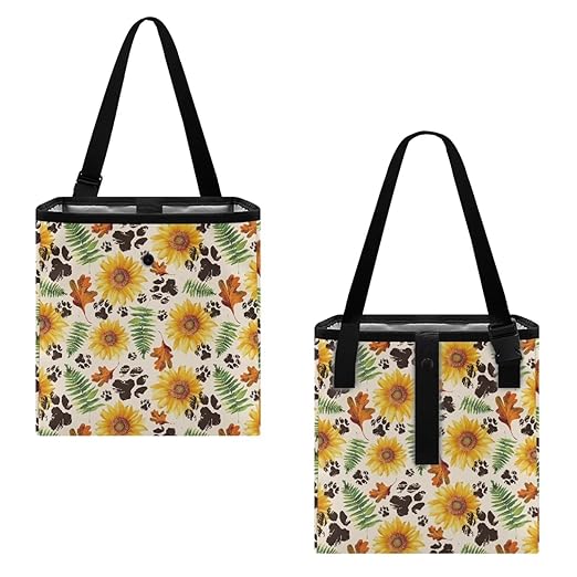 Sunflower Maple Leaf Paws Print Car Trash Can Cute Leakproof Car Garbage Bag Hanging Trash Bin Automotive Garbage Cans for Back/Front Seat/Console Car Accessories