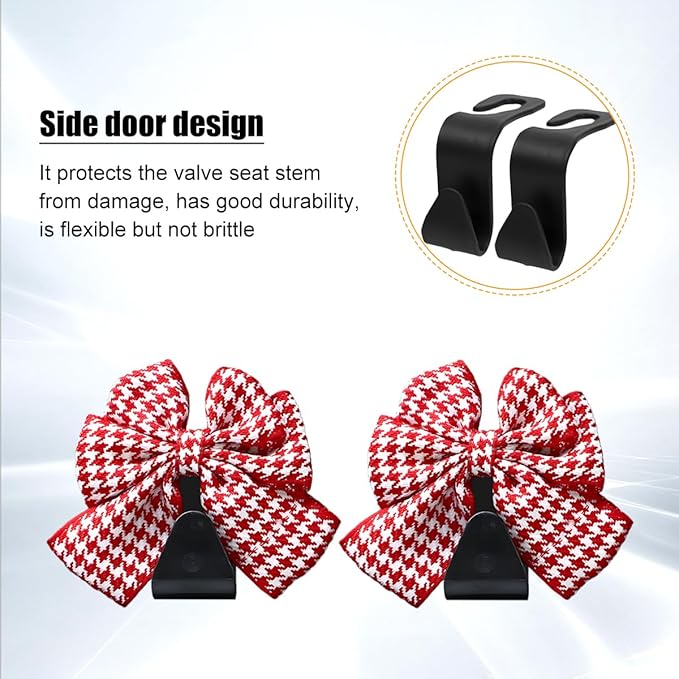 Cute Bow Car Seat Headrest Hooks, 2PCS Multifunctional Vehicle Rear Seat Hanging Hooks, Automotive Interior Seatback Storage Organizer for Purses Bags, Universal Fit (Red/Houndstooth)