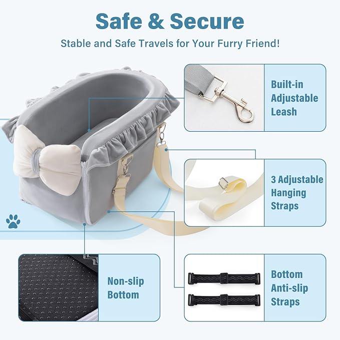 Jaoul Dog Car Seat for Small Dogs - Fully Detachable with Adjustable Straps Center Console Dog Booster Seat - Comfortable Bow Design Pet Car Seats - Portable Pet Booster Seat for Puppy, Cat (Gray)