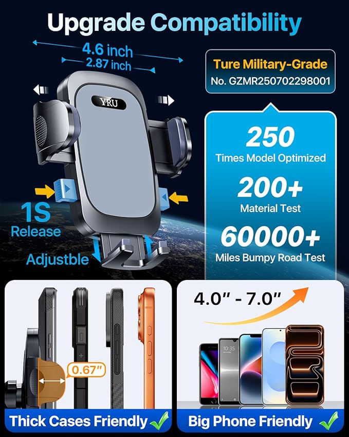 YRU [True Upgrade for Safety] Car Phone Holder Mount [Patent & Military-Grade] Dashboard Cell Phone Holder for Car Vent Windshield Phone Stand for iPhone 17 16 15 14 13 Pro Max Truck Samsung (Grey)
