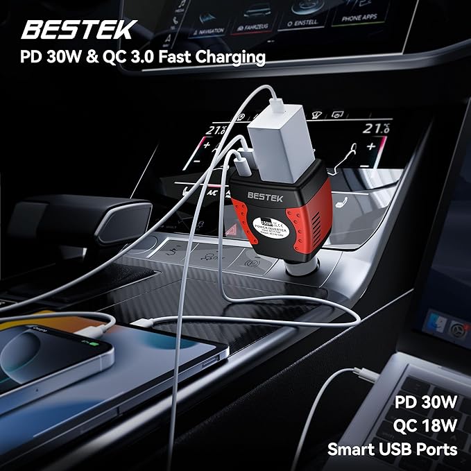 BESTEK 150W Power Inverter 12V to 110V Voltage Converter Car Charger Power Adapter with PD30W QC18W Dual USB Charging Ports