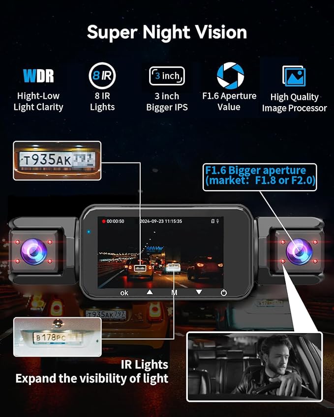 4 Channel Dash Cam Front and Rear Cabin, 360° Dash Camera ，Night Vision 8 IR Lamps Dash Camera for Cars, 5G WiFi for Download, G-Sensor, 24H/7 Parking Mode with 64GB Card,Support 256 GB Max