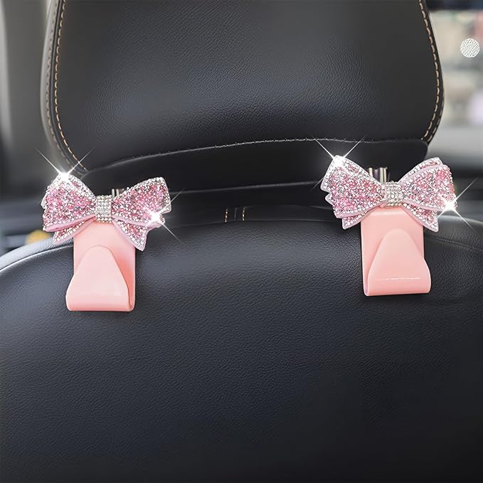 Zpana Bling Car Headreat Hook, 2PCS Crystal Rhinestone Cute Bow Vehicle Seat Back Hanger Storage for Purses Bags Grocery, Diamond Auto Rear Seat Organizer, Universal for SUV Truck Sedan (Pink)