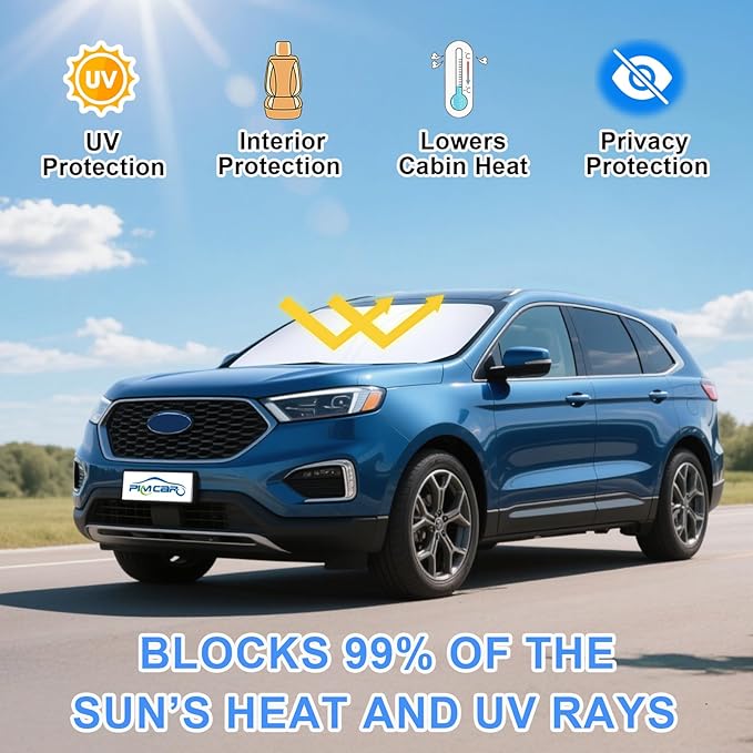 PIMCAR Windshield Sun Shade for 2015-2024 2025 Ford Edge SUV, Premium 310T Reflective Polyester, Foldable Heat Blocker-Beat Summer Heat & Keep Interior Cool