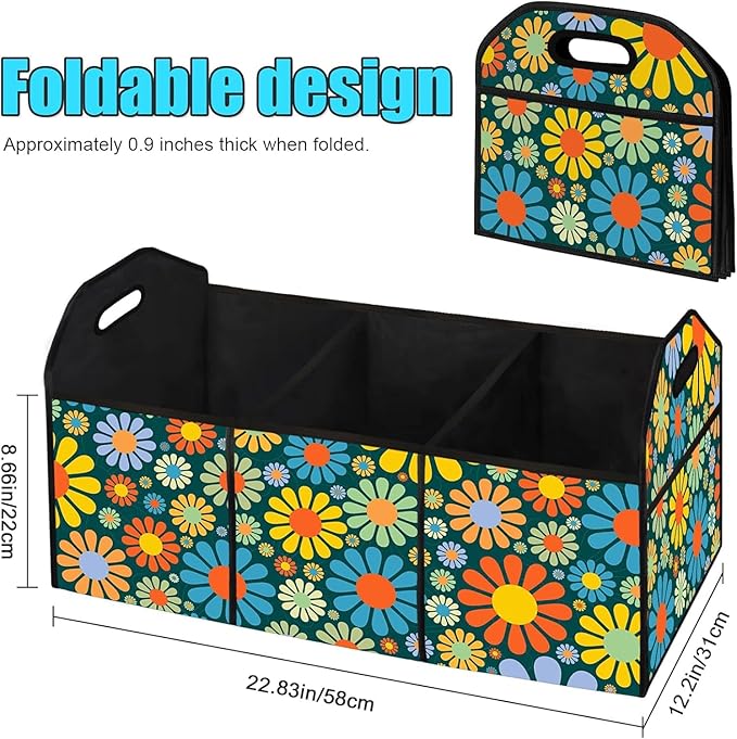 Hippie Flower Car Trunk Storage Box with Pockets Car Accessory for SUVs Cars Automotive Organizer