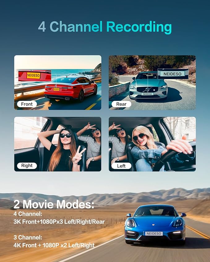 Neideso 4 Channel Dash Cam Front Rear, Free 64G Card Included, AI Fatigue Driving Monitor, 360° View 4K 2160P Dash Camera for Cars, 5G WiFi GPS, 8 IR Lamps Night Vision, 24H Parking Mode, N700Pro