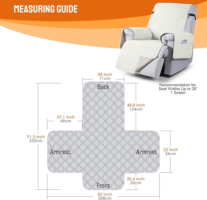 VANSOFY 100% Waterproof Recliner Chair Covers, Recliner Cover Non-Slip Dog Chair Cover Furniture Protector Washable Slipcover with Pocket, Elastic Straps for Pets, Dogs(Off White, 28")