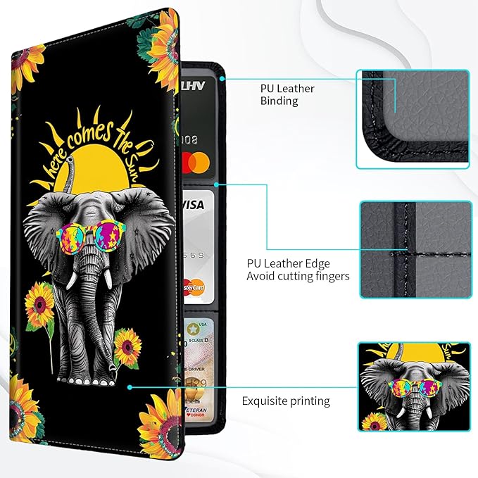 Car Registration and Insurance Card Holder, Vehicle License Documents Glove Box Compartment Organizer Wallet, ID Card Holder for Car Essentials Automobile, Elephant and Sunflowers
