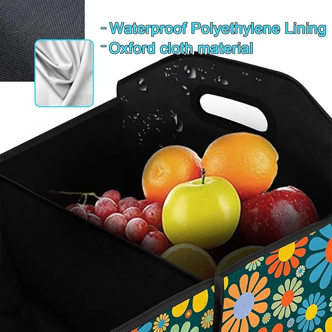 Hippie Flower Car Trunk Storage Box with Pockets Car Accessory for SUVs Cars Automotive Organizer
