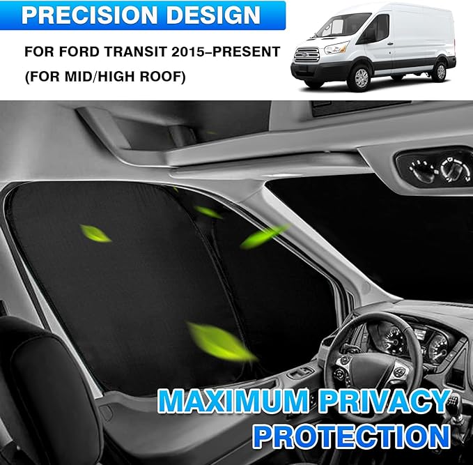 T TGBROS for Ford Transit Window Shades 2015-2025 2026 Windshield Front Side Window Covers Blackout Privacy for Transit Van Mid/High Roof Cargo Vans Foldable Heat Black Out Covers 3PCS
