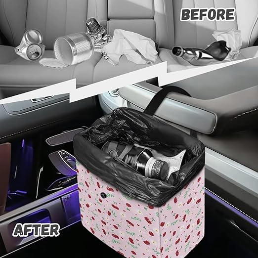 2 Gallons Open-Top Car Trash Can Hanging Car Trash Bag Water Resistant Leakproof Trash Bag Car Accessories for Women, Cherries and Daisy Pink