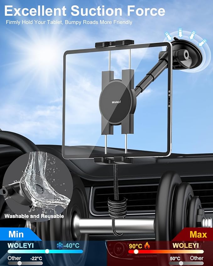 woleyi Dashboard Car Tablet Mount, Telescopic Tube Suction Cup Car Tablet Holder, Compatible with iPad Pro/Air/Mini, Galaxy Tab/Z Fold, Fire HD, Surface, iPhone, More 4.7-11" Cell Phones and Tablets