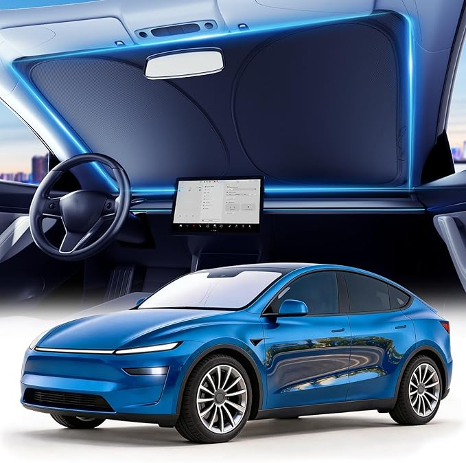 DMJN Front Windshield Sun Shade for Tesla New Model Y, Y & 3 (2017-2026), [Nano Ice-Crystal Coatings] UPF50+ Heat & UV Block, Protect Car Interior & Keep Cool, Flodable Steel-Ring Car Cover for Summer