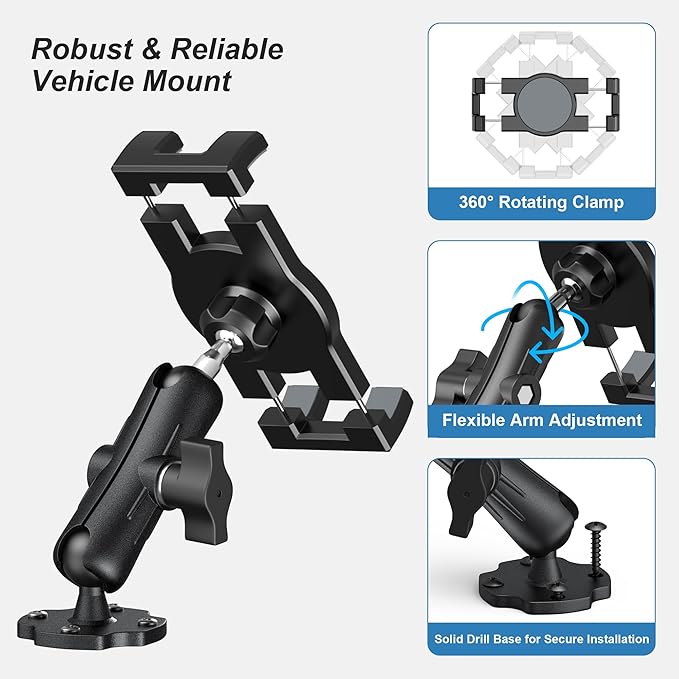 Keuvirya Heavy Duty Tablet Mount for Truck & Vehicle, Drill Base Tablet Holder for Truck with Aluminum Arm, Compatible with 4.7"-12.9" Tablets/iPad/Phones, iPad Truck Mount for Dashboard, Walls, Boat