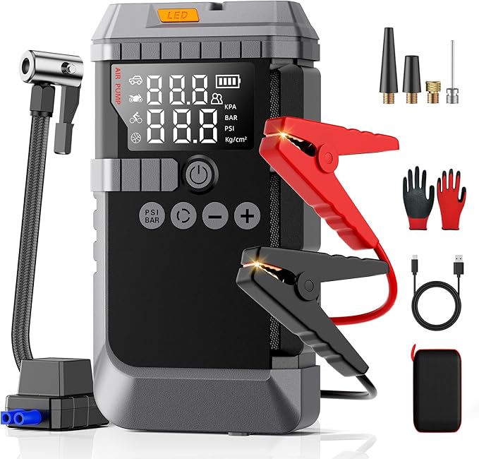 Jump Starter with Air Compressor, Battery Jumper Starter Portable,12V Jump Box with 160PSI Tire Inflator for Car Battery, LED Display for All Gas & 12L Diesel Engines, LED Light, Jumper Cables