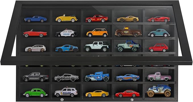 Americanflat 11x18 Toy Car Display Case - Holds up to 30 Cars - Model Car Displays with Removable Shelves and Shatter-Resistant Glass - Wall Mounted Display Cases for Collectibles - Black