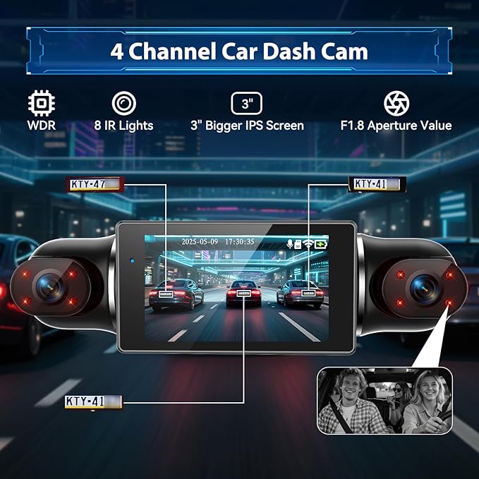 Dash Cam 4 Channel 360° Coverage - Front 4K + Triple 1080P HD Car Camera Built-in WiFi Car Camera with App, G-Sensor/Night Vision/Parking Mode/Loop Recording Free 64GB SD Card