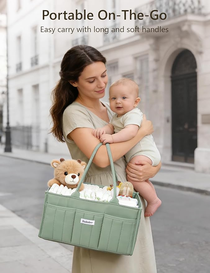 Baby Diaper Caddy Organizer, Portable Nursery Storage Basket for Newborn Essentials, Changing Table & Car Caddy Organizer, Gift for Baby Shower, Registry Must-Have for Boy Girl, Green