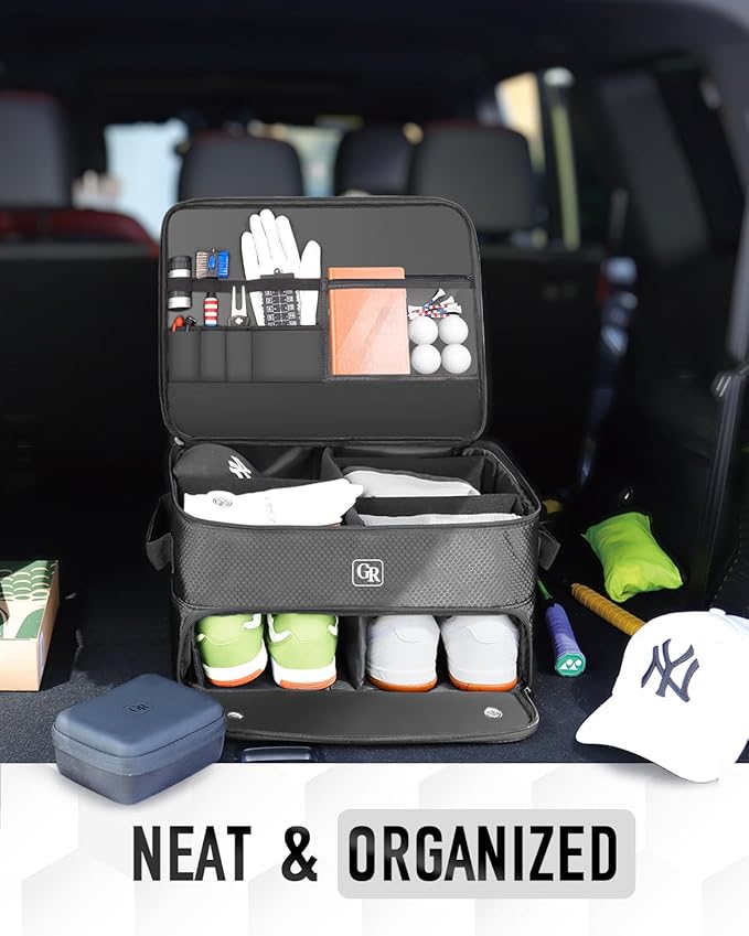 Odor-Absorbing 2-Layer Large Golf Trunk Organizer with Activated Carbon Fabric - Water-Resistant Golf Shoe Bag for Shoes Balls Tees Clothes Gloves Golf Accessories, Fathers Day Dad Gifts for Men