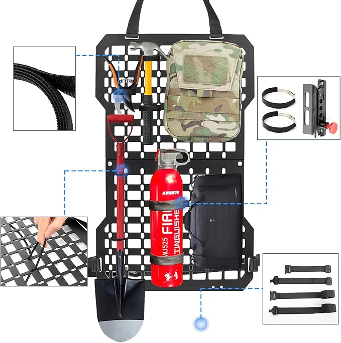 Rigid Molle Panels For Vehicles Truck Mount Rack Panel with Fire Extinguisher Mout & Hook and Loop Fasteners & Elastic Rope Tactical Seat Back Organizer Adjustable Versatile Panel