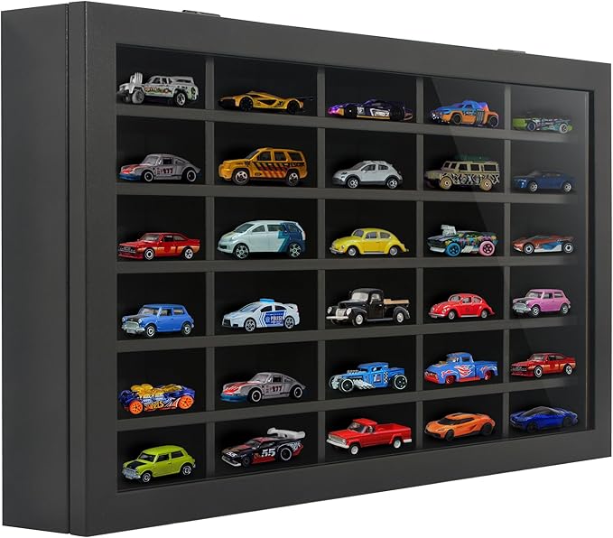 Americanflat 11x18 Toy Car Display Case - Holds up to 30 Cars - Model Car Displays with Removable Shelves and Shatter-Resistant Glass - Wall Mounted Display Cases for Collectibles - Black