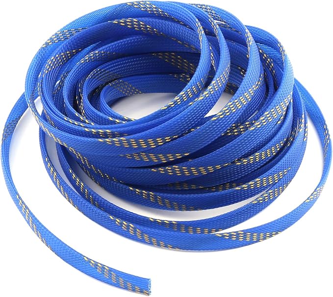Aicosineg Cable Sleeve Braided Sleeving PET Wire Loom Tubing Cable 32.81ft-4/9inch Wrap Protector for HiFi Audio and Video Headphone Cable Protect Wires from Chewing of Pets Blue and Gold