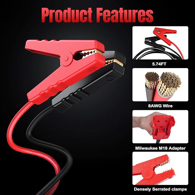 Milwaukee M18 18V Battery Jump Starter Cable Clamps- 8-AWG 5.74FT Automotive Booster Cables,Cable Power Tool Line for Most Cars