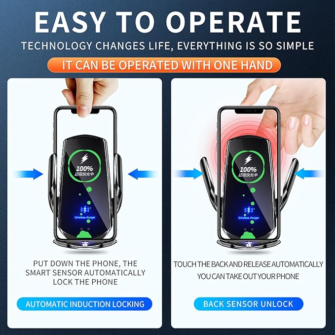 Wireless Car Charger Phone Mount 15W Fast Charging Auto Clamping Car Charger Car Phone Holder Mount Wireless Charging Mount Compatible with All Android Smartphone (Black)